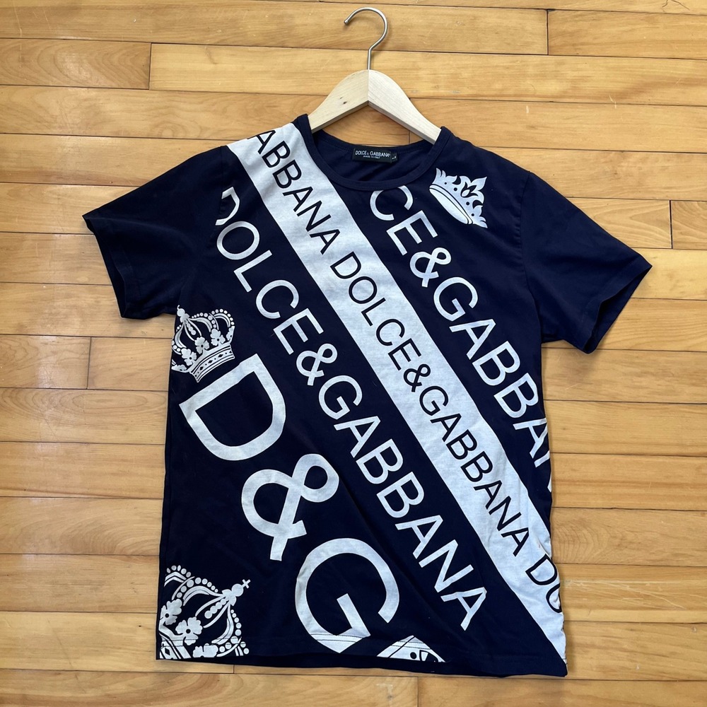 Dolce & Gabbana Navy Blue Diagonal Logo Crown Graphic T-Shirt Mens Large Italy